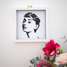 Load image into Gallery viewer, Wall mounted black and white portrait of Audrey Hepburn