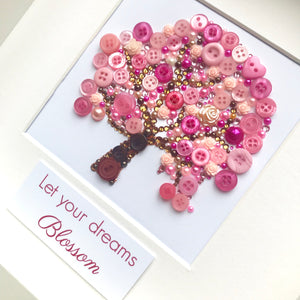 Pink blossom tree framed button artwork. Let your dreams blossom.