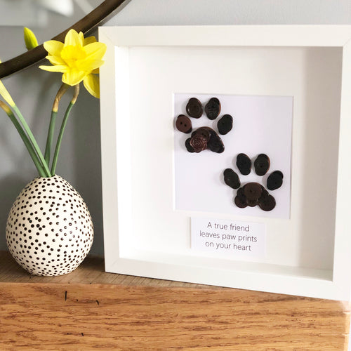 Personalised paw prints button art framed picture.