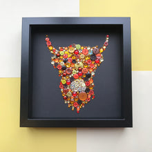 Load image into Gallery viewer, Highland cow button art on black framed picture