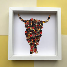Load image into Gallery viewer, gold and bronze highland cow button art on white. framed picture