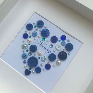 Mum personalised button art heart framed picture.