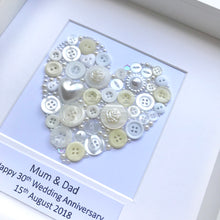 Load image into Gallery viewer, Pearl heart anniversary button art. Framed picture