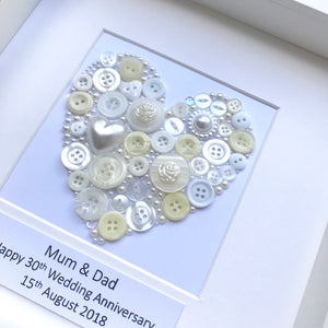 Pearl heart anniversary button art. Framed picture