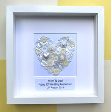 Load image into Gallery viewer, Pearl heart anniversary button art. Framed picture