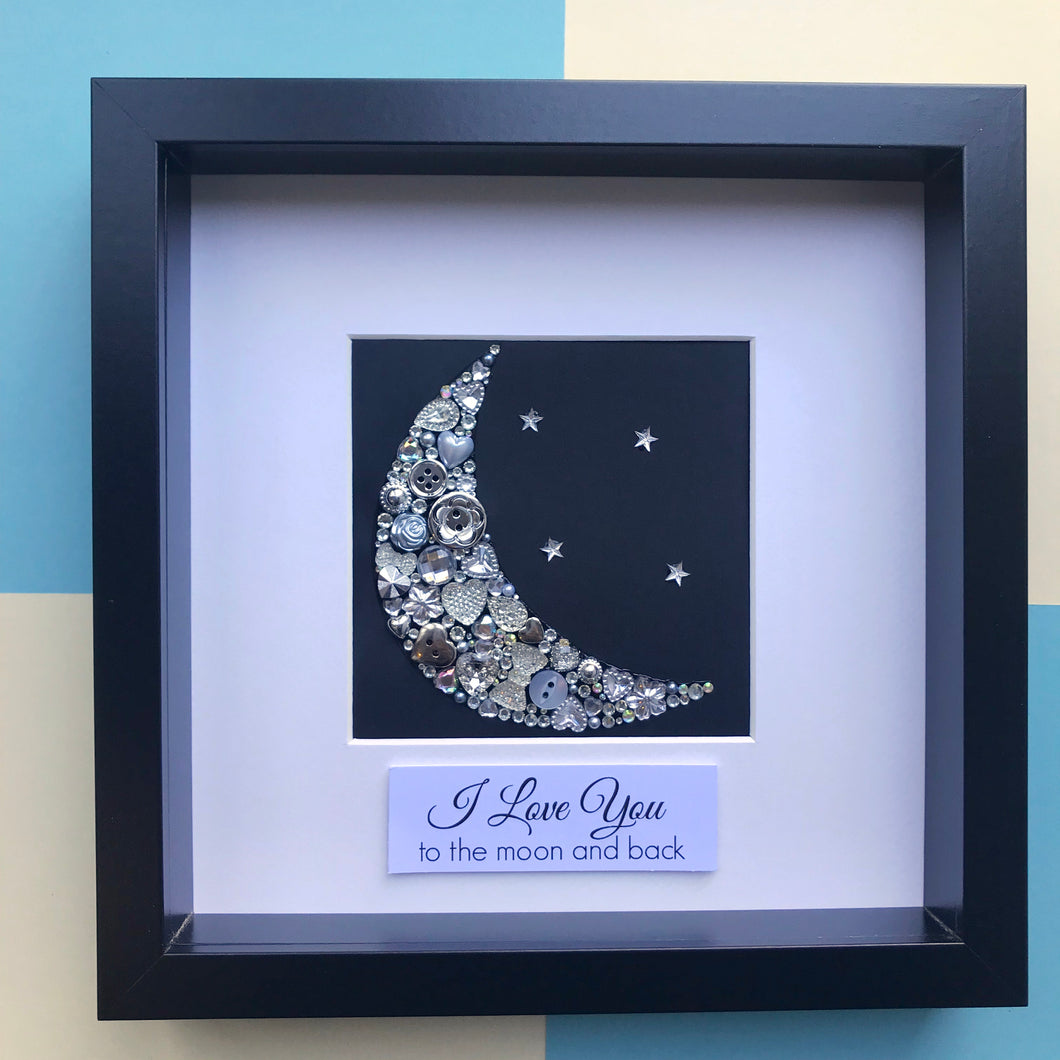 sparkly moon and stars button art framed picture.