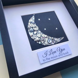 sparkly moon and stars button art framed picture.
