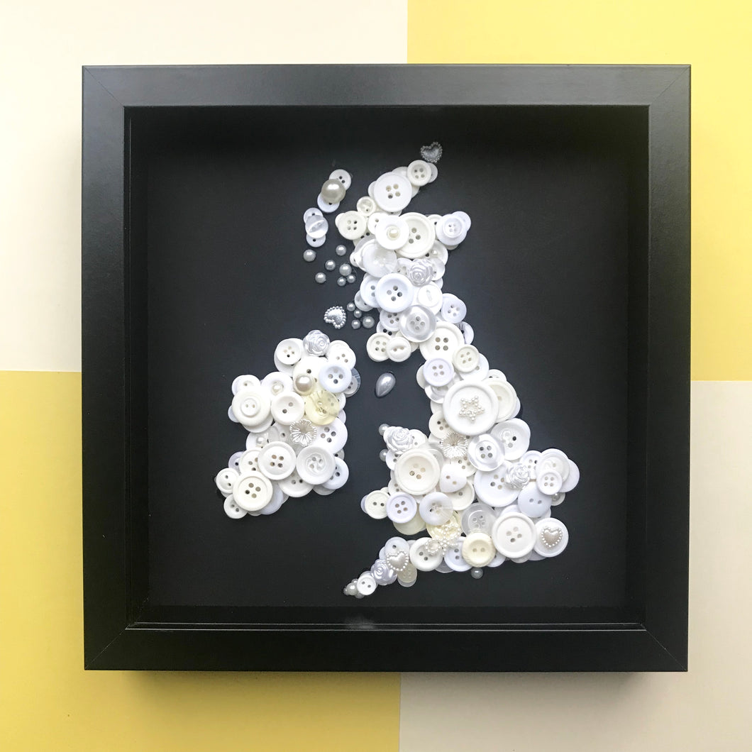 Monochrome button art British Isles Map. Framed picture.