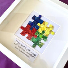 Load image into Gallery viewer, Autism Awareness puzzle piece button art. Framed picture.