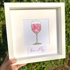 Glass of wine original button art framed picture.