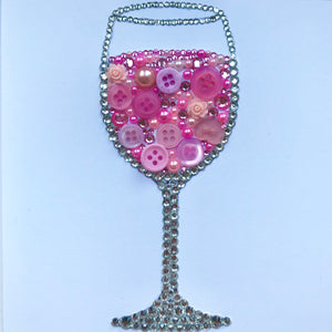 Glass of wine original button art framed picture.