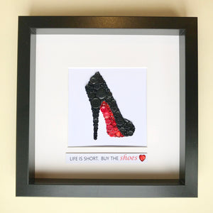 Red Sole Stiletto button art framed picture.