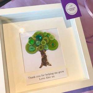 Teacher thank you present. Thank you for helping me grow. Button art oak tree. Framed artwork.