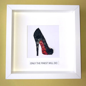 Red Sole Stiletto button art framed picture.