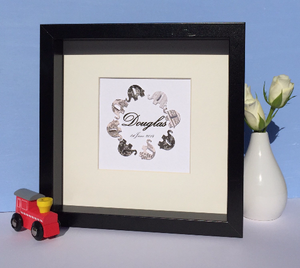 Black and white elephants button art framed picture