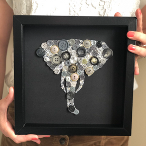 14th Wedding Anniversary Gift - Framed Elephant Head Button Art - Ivory Anniversary