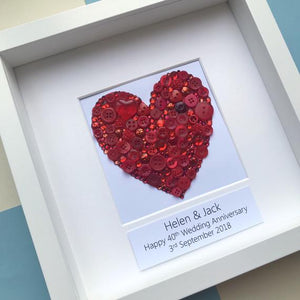 Ruby Wedding handmade button heart art gift.