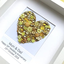 Load image into Gallery viewer, golden wedding anniversary golden button art heart