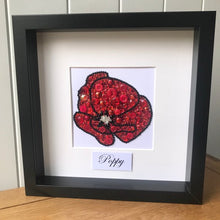 Load image into Gallery viewer, Red sparkly poppy button art framed picture.