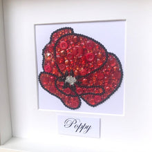 Load image into Gallery viewer, Red sparkly poppy button art framed picture.