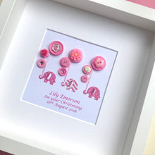 Load image into Gallery viewer, elephants holding balloons pink button art framed picture.