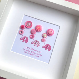 elephants holding balloons pink button art framed picture.