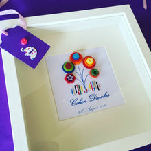 Load image into Gallery viewer, Cute and colourful button art. Elephants holding balloons framed picture.