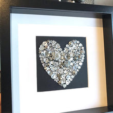 Load image into Gallery viewer, Silver Wedding 25th Anniversary Personalised Gift - silver heart button artwork.