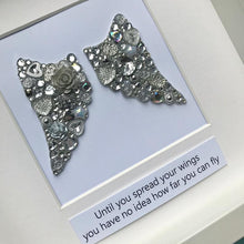 Load image into Gallery viewer, silver sparkly angel wings button art framed picture.