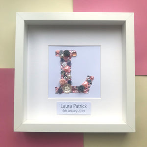 Personalised letter button art framed picture.