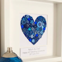 Load image into Gallery viewer, Sapphire Wedding 45 years Anniversary Personalised Gift. Blue heart button art framed picture.