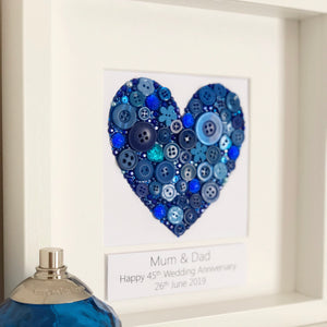 Sapphire Wedding 45 years Anniversary Personalised Gift. Blue heart button art framed picture.