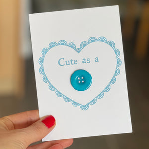 Handmade New Baby Card, Cute as a Button Blue