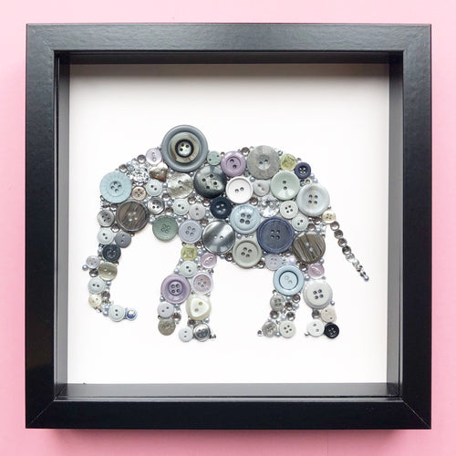14th Wedding Anniversary Gift - Framed Elephant Button Art on White - Ivory
