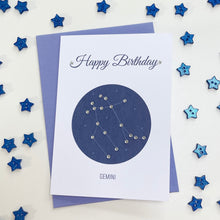 Load image into Gallery viewer, Gemini constellation zodiac birthday card