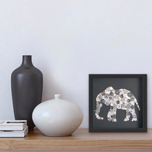 Load image into Gallery viewer, Button art elephant on black. Ivory anniversary framed picture.