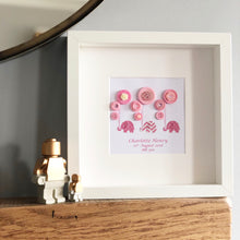 Load image into Gallery viewer, elephants holding balloons pink button art framed picture.