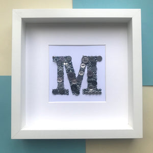 Personalised letter button art framed picture.