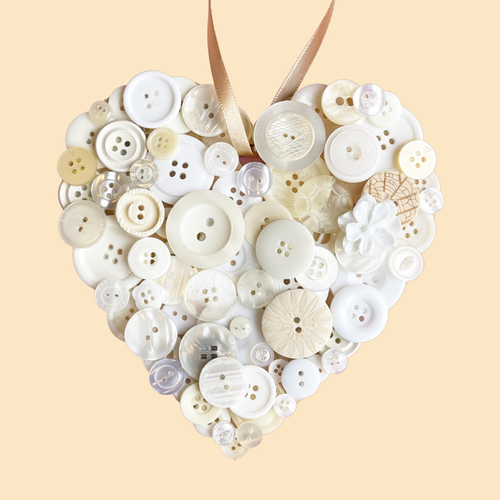 Hanging Heart Button Art - White and Cream 15cm