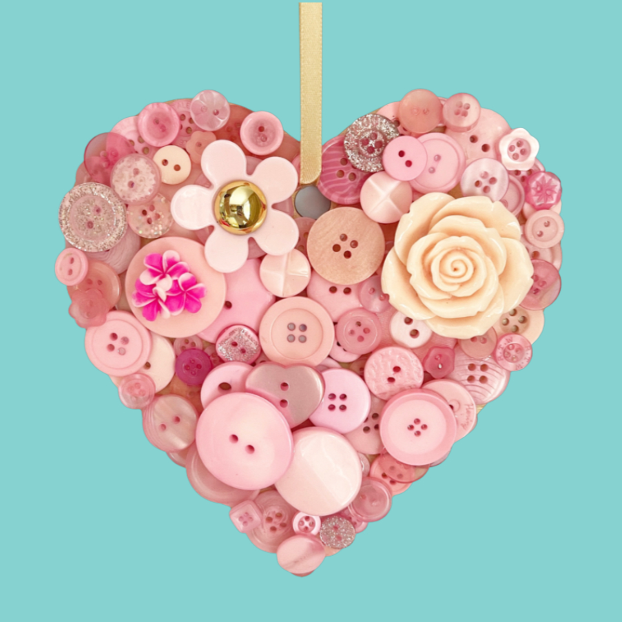 Hanging Heart Button Art - Pink 15cm