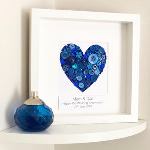 Sapphire Wedding 45 years Anniversary Personalised Gift. Blue heart button art framed picture.