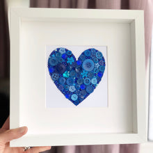 Load image into Gallery viewer, Sapphire Wedding 45 years Anniversary Personalised Gift. Blue heart button art framed picture.