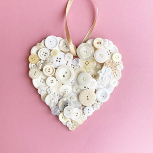 Hanging Heart Button Art - White and Cream 15cm