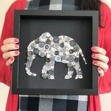 Load image into Gallery viewer, Button art elephant on black. Ivory anniversary framed picture.